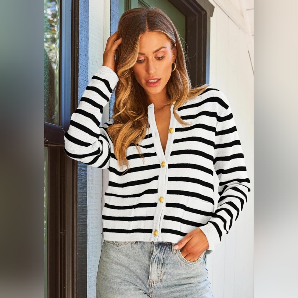 Lillusory Elegant Black and Cream Striped Cardigan - Size L